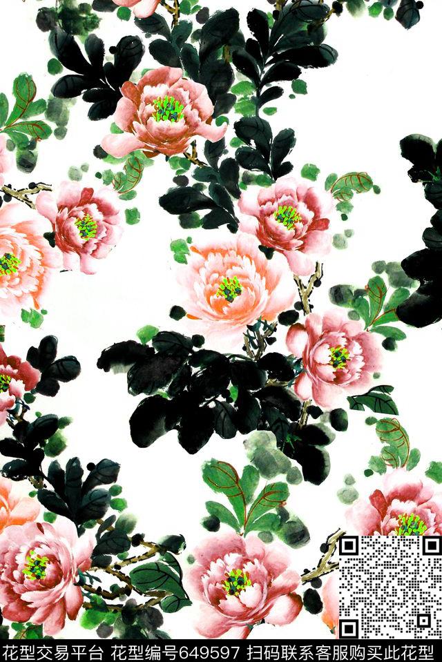 花卉水彩水墨数码印花花型下载（图片编号: 649597） - 瓦栏（Walan）