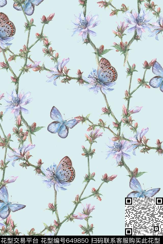 手绘花卉蝴蝶数码印花花型下载（图片编号: 649850） - 瓦栏（Walan）