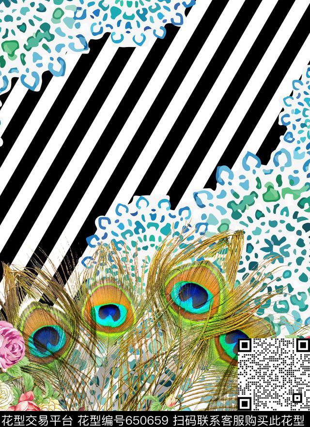 孔雀毛手绘花.jpg - 650659 - 孔雀羽毛、手绘花 几何 条纹 - 数码印花花型 － 女装花型设计 － 瓦栏