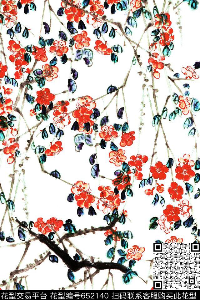 梅花花卉民族数码印花花型下载（图片编号: 652140） - 瓦栏（Walan）