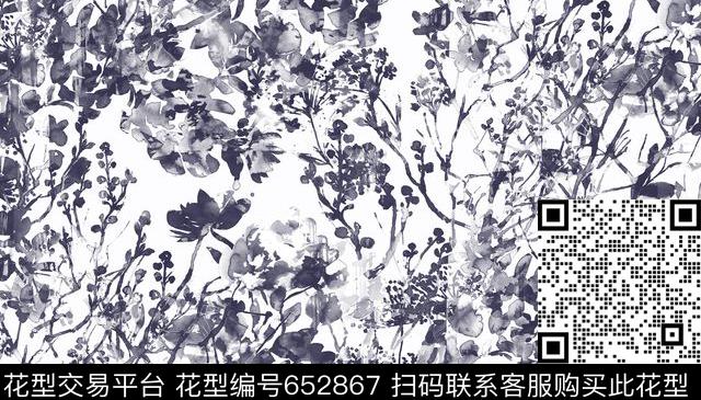 精仿水墨画树叶黑灰层次数码印花花型下载（图片编号: 652867） - 瓦栏（Walan）