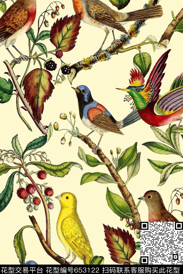 树枝叶子鸟复古数码印花花型下载（图片编号: 653122） - 瓦栏（Walan）
