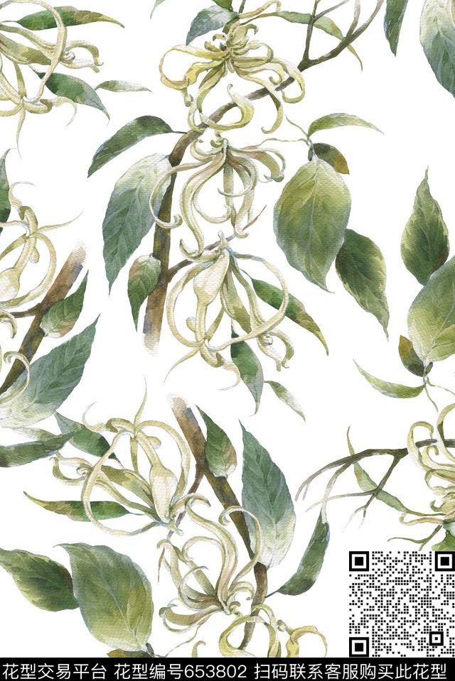 手绘绿叶藤条数码印花花型下载（图片编号: 653802） - 瓦栏（Walan）