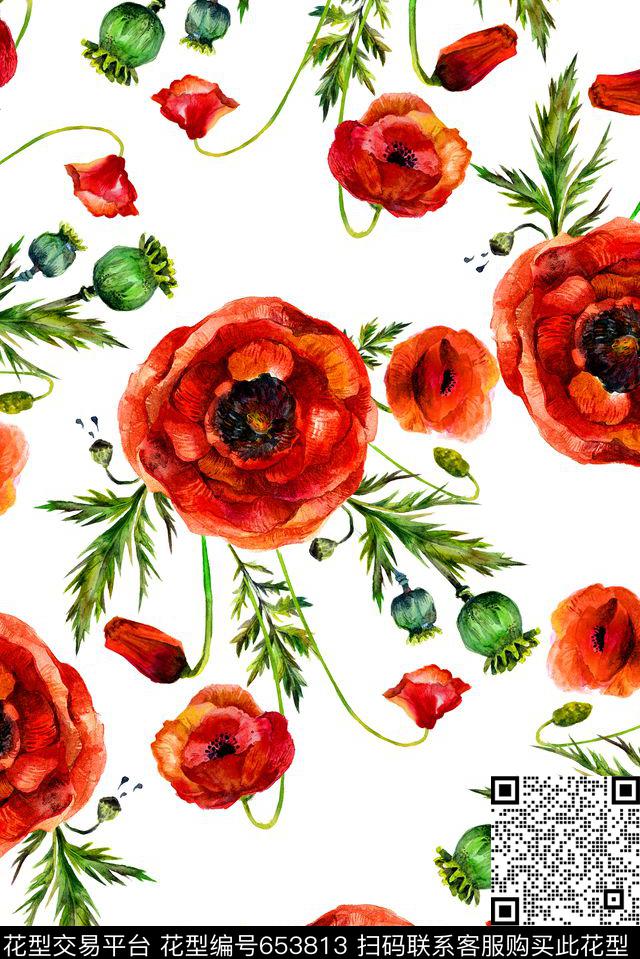 手绘罂粟花绿叶数码印花花型下载（图片编号: 653813） - 瓦栏（Walan）