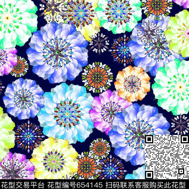 昆虫花卉蓝.jpg - 654145 - 昆虫花卉 - 数码印花花型 － 泳装花型设计 － 瓦栏