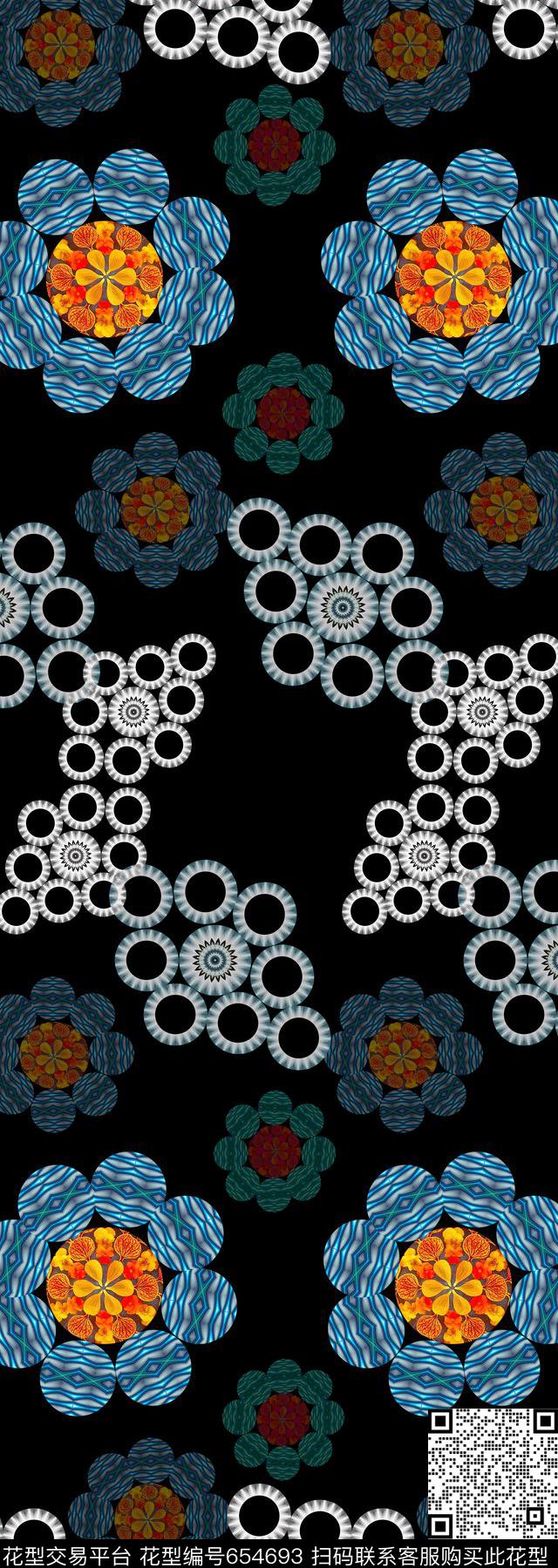 10210khdz - 22940-长巾设计160623-4-1.jpg - 654693 - 创意花卉 丝巾围巾秀场 圆圈拼接 - 数码印花花型 － 长巾花型设计 － 瓦栏