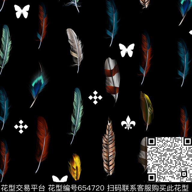 羽毛－黑.jpg - 654720 - 小花 孔雀羽毛、羽毛 - 数码印花花型 － 女装花型设计 － 瓦栏