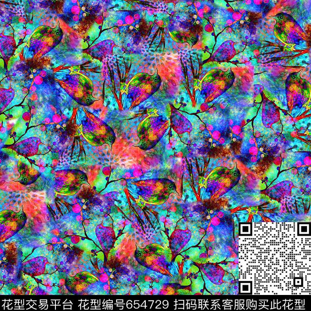 抽象豹纹小鸟.jpg - 654729 - 抽象豹纹动物纹小鸟树枝 - 数码印花花型 － 泳装花型设计 － 瓦栏