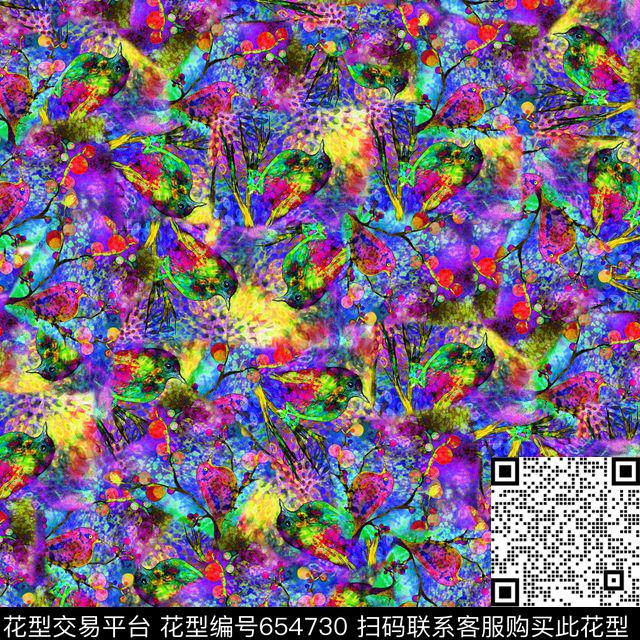 抽象豹纹小鸟lan.jpg - 654730 - 抽象豹纹动物纹小鸟树枝 - 数码印花花型 － 泳装花型设计 － 瓦栏