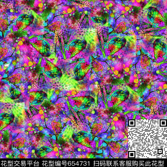 抽象豹纹小鸟zi.jpg - 654731 - 抽象豹纹动物纹小鸟树枝 - 数码印花花型 － 泳装花型设计 － 瓦栏