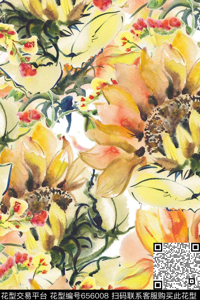 水彩手绘向日葵数码印花花型下载（图片编号: 656008） - 瓦栏（Walan）