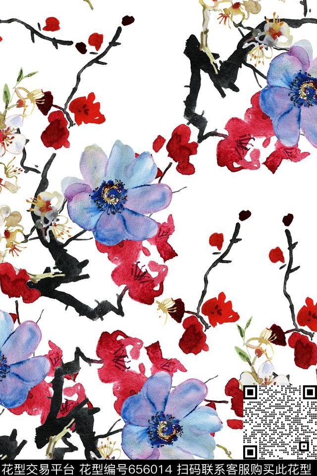 水墨桃花梨花数码印花花型下载（图片编号: 656014） - 瓦栏（Walan）