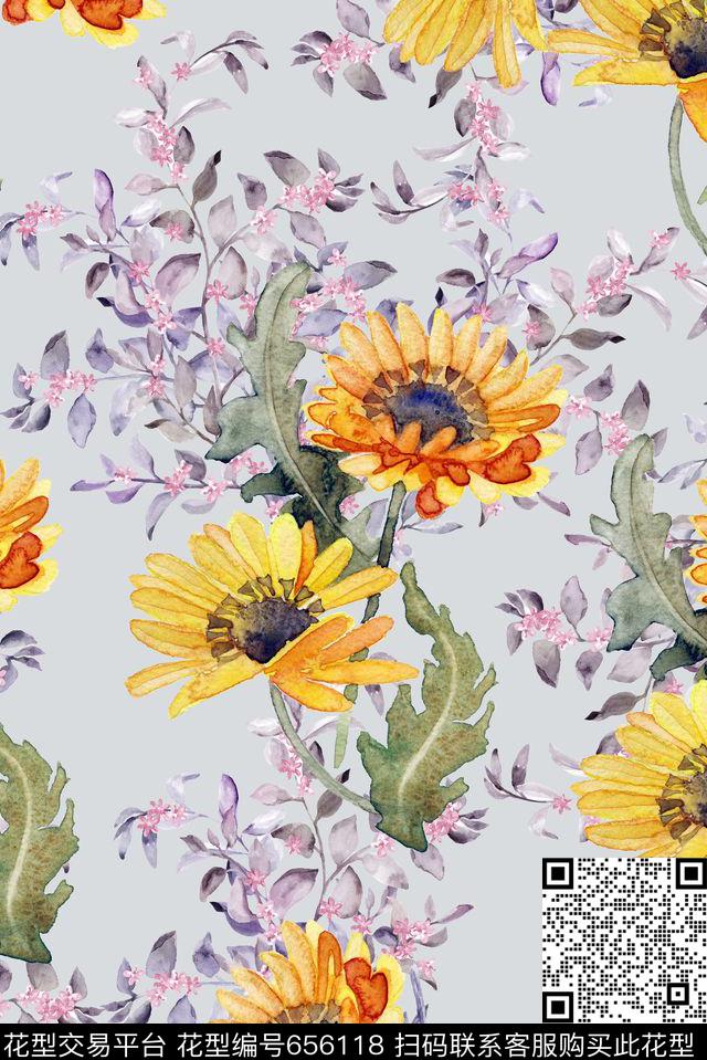 向日葵花卉手绘数码印花花型下载（图片编号: 656118） - 瓦栏（Walan）