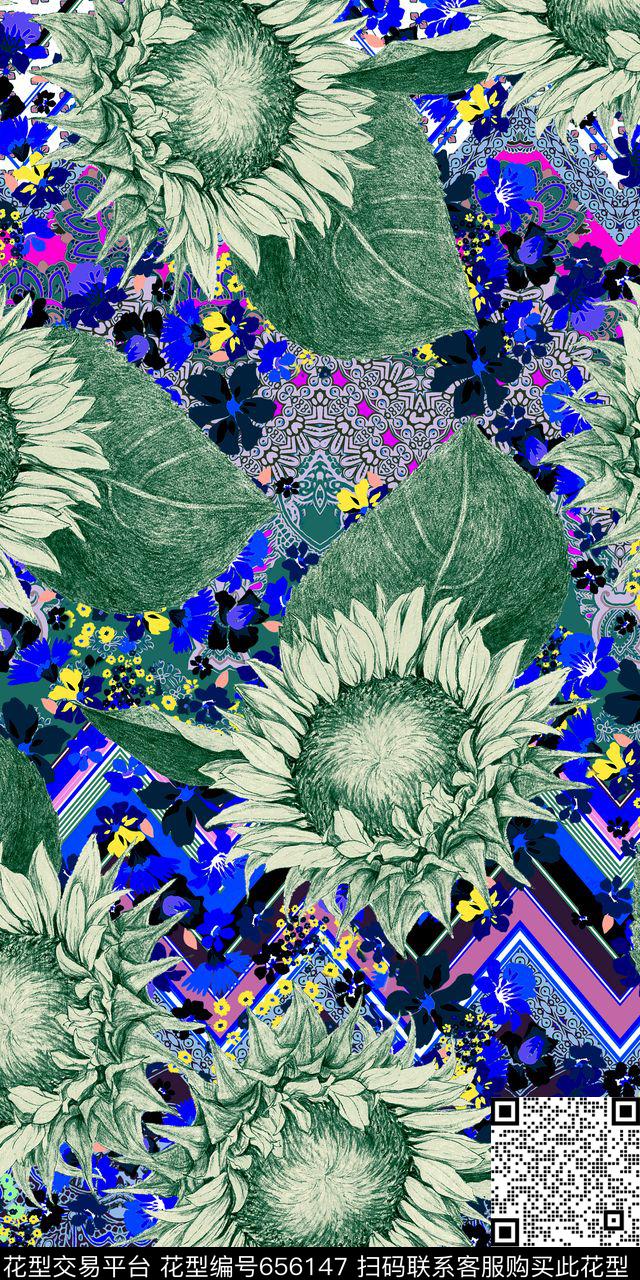 花纹花卉向日葵数码印花花型下载（图片编号: 656147） - 瓦栏（Walan）