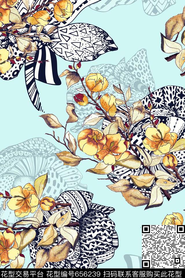 复古手绘花卉数码印花花型下载（图片编号: 656239） - 瓦栏（Walan）