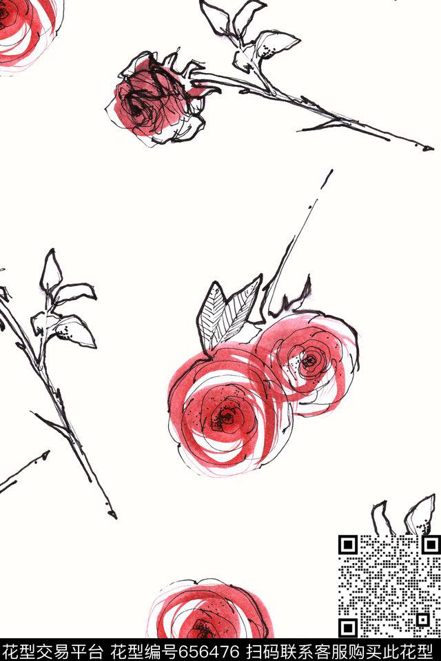 简单线描水彩数码印花花型下载（图片编号: 656476） - 瓦栏（Walan）