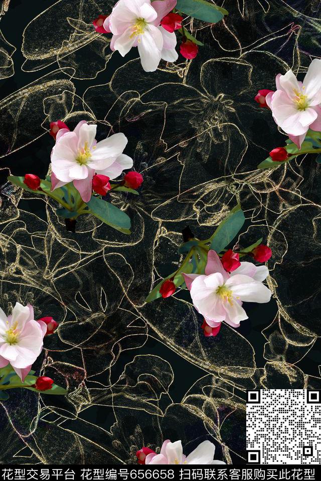 花语70.jpg - 656658 - 海棠花 黑底 花卉 - 数码印花花型 － 女装花型设计 － 瓦栏