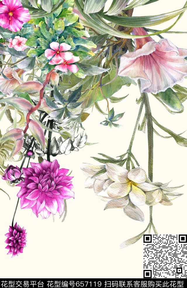 定位热带阔叶数码印花花型下载（图片编号: 657119） - 瓦栏（Walan）