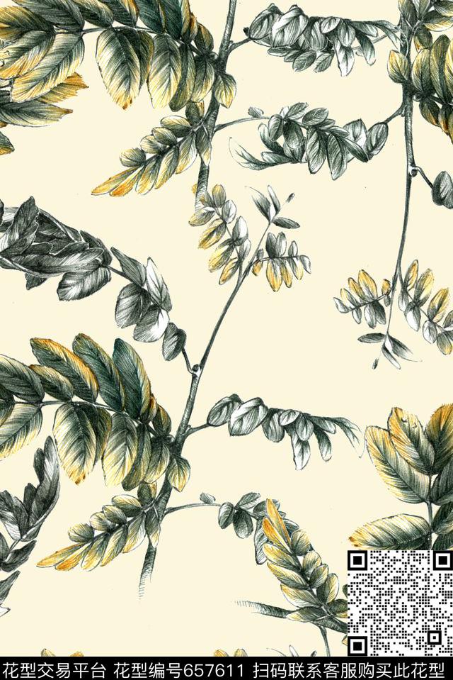 手绘绿叶树枝数码印花花型下载（图片编号: 657611） - 瓦栏（Walan）