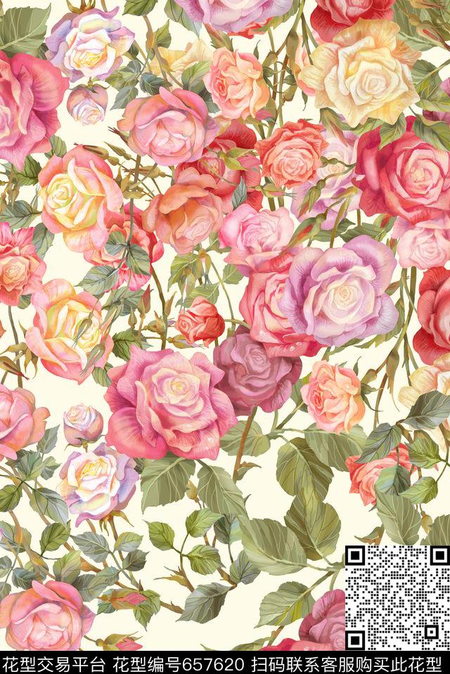 满版手绘花卉数码印花花型下载（图片编号: 657620） - 瓦栏（Walan）