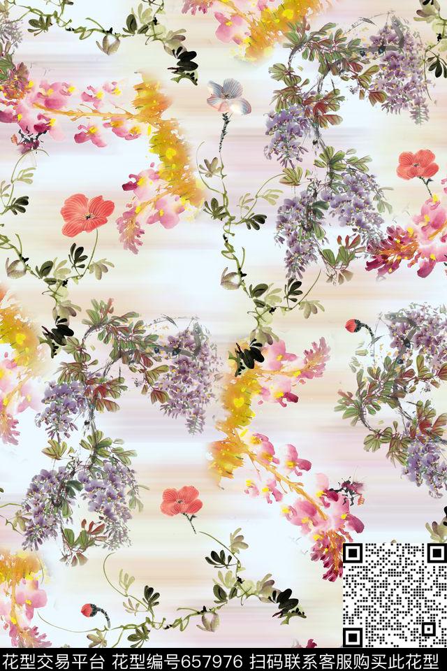 花卉水墨国画数码印花花型下载（图片编号: 657976） - 瓦栏（Walan）