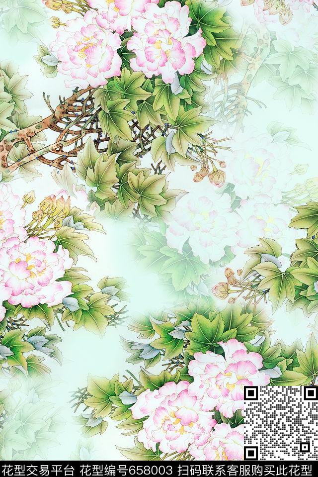 牡丹花朵花卉数码印花花型下载（图片编号: 658003） - 瓦栏（Walan）