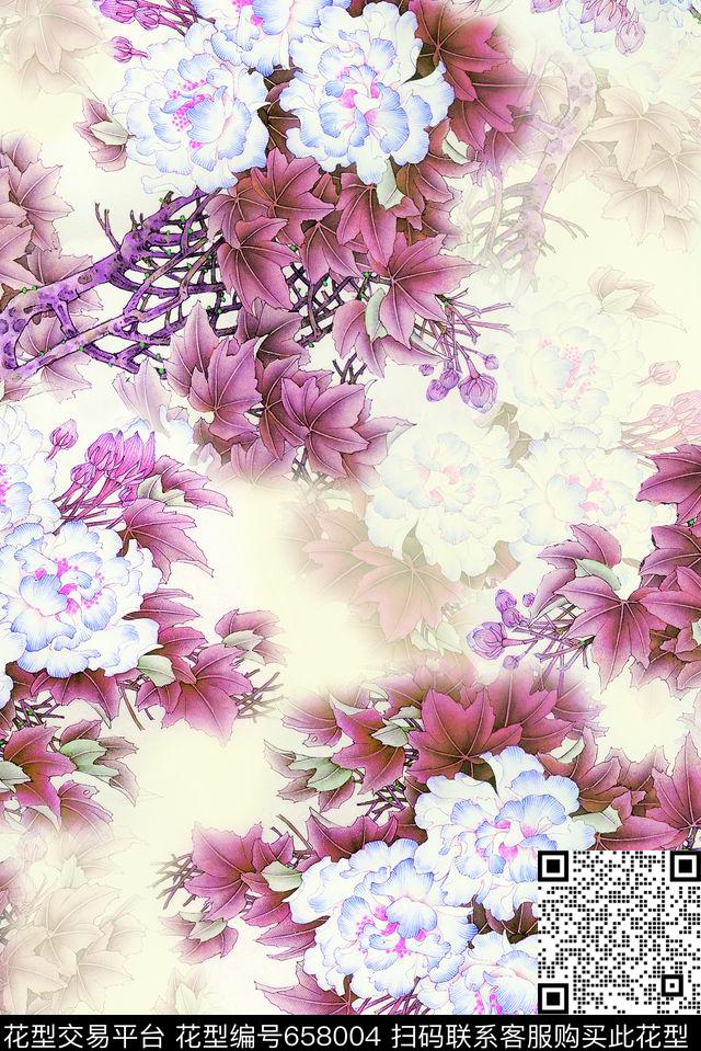 牡丹花朵花卉数码印花花型下载（图片编号: 658004） - 瓦栏（Walan）