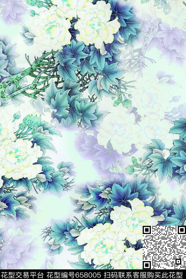 牡丹花朵花卉数码印花花型下载（图片编号: 658005） - 瓦栏（Walan）