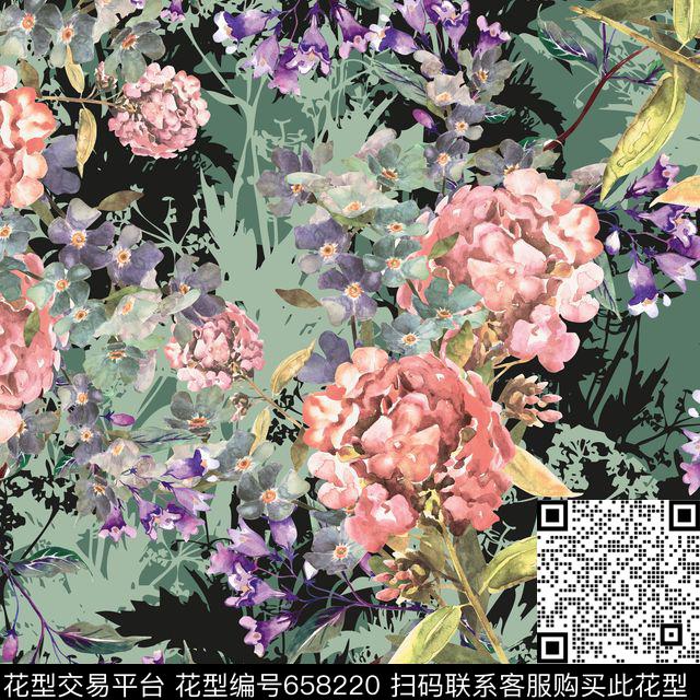 剪影手绘花卉数码印花花型下载（图片编号: 658220） - 瓦栏（Walan）
