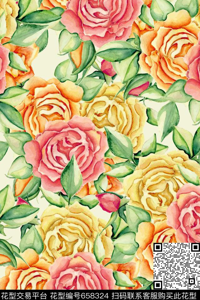 立体大朵玫瑰数码印花花型下载（图片编号: 658324） - 瓦栏（Walan）