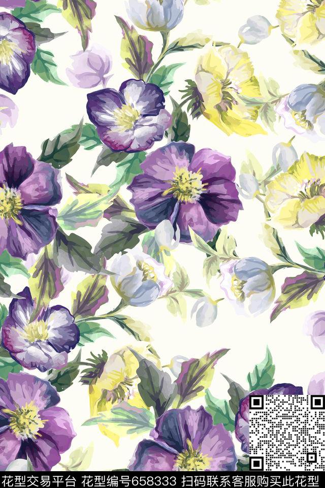 大朵手绘花卉数码印花花型下载（图片编号: 658333） - 瓦栏（Walan）