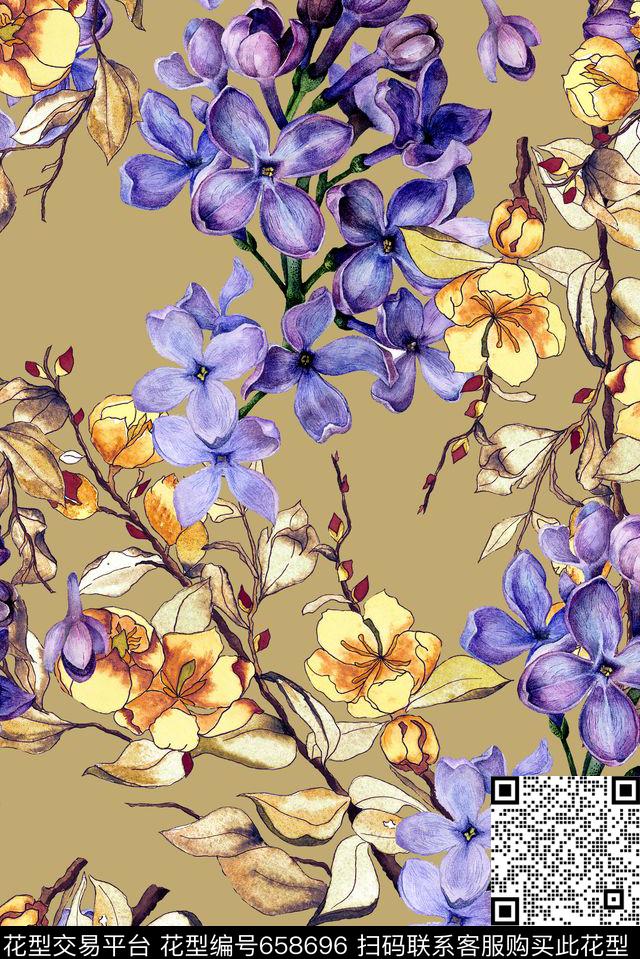 手绘水彩花卉数码印花花型下载（图片编号: 658696） - 瓦栏（Walan）