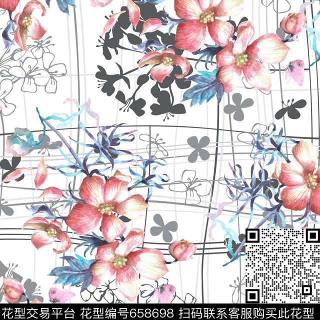 线条格子花卉数码印花花型下载（图片编号: 658698） - 瓦栏（Walan）