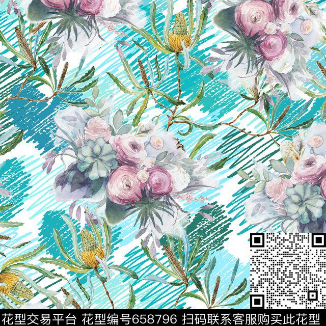 手绘花卉树枝数码印花花型下载（图片编号: 658796） - 瓦栏（Walan）