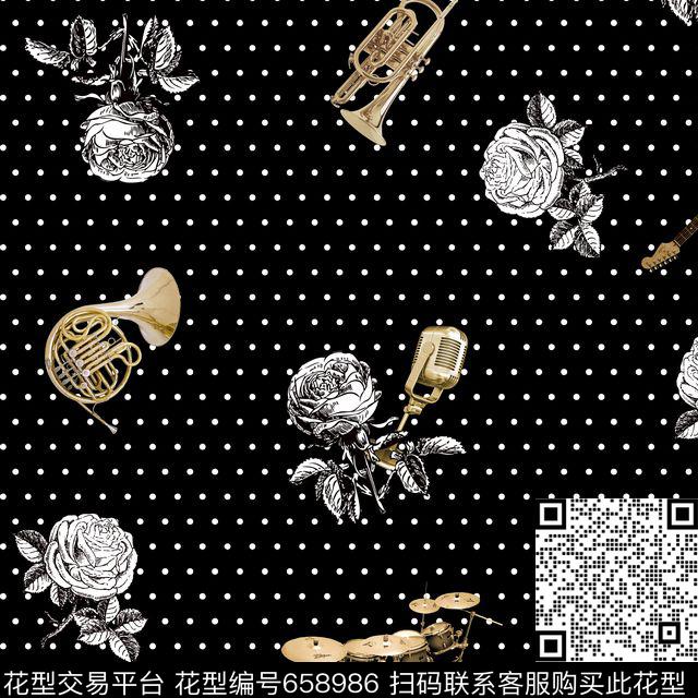 波点手绘玫瑰乐器男装花型.jpg - 658986 - 花卉 手绘花卉 乐器 - 数码印花花型 － 男装花型设计 － 瓦栏