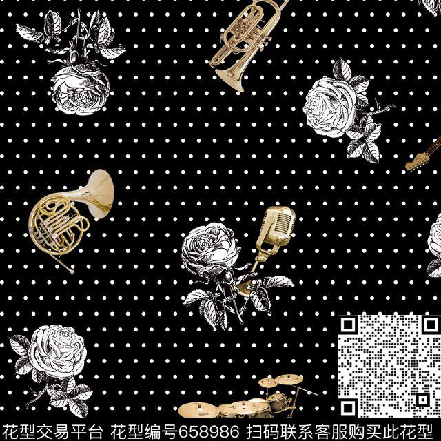 花卉手绘花卉乐器数码印花花型下载（图片编号: 658986） - 瓦栏（Walan）
