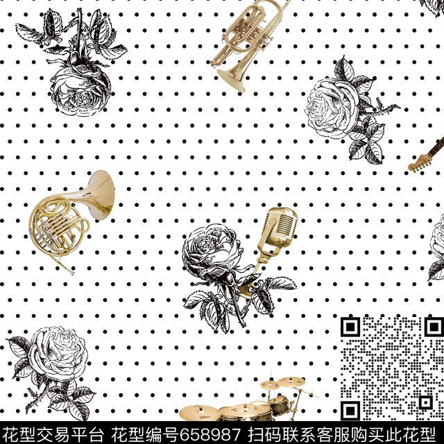 花卉手绘花卉乐器数码印花花型下载（图片编号: 658987） - 瓦栏（Walan）