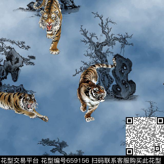 老虎中国风水墨画数码印花花型下载（图片编号: 659156） - 瓦栏（Walan）