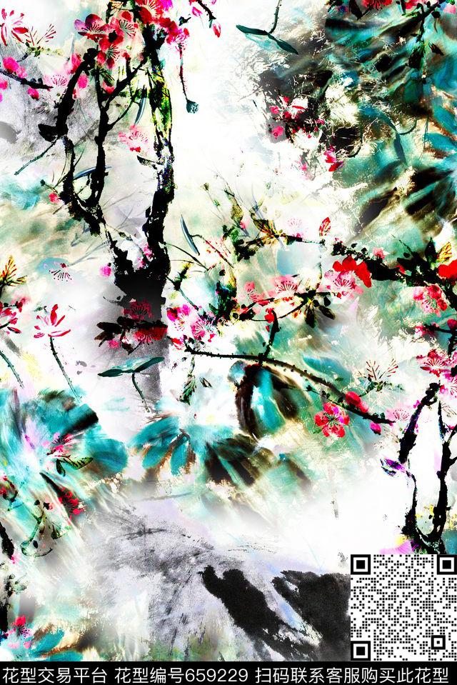荷花中国风抽象数码印花花型下载（图片编号: 659229） - 瓦栏（Walan）