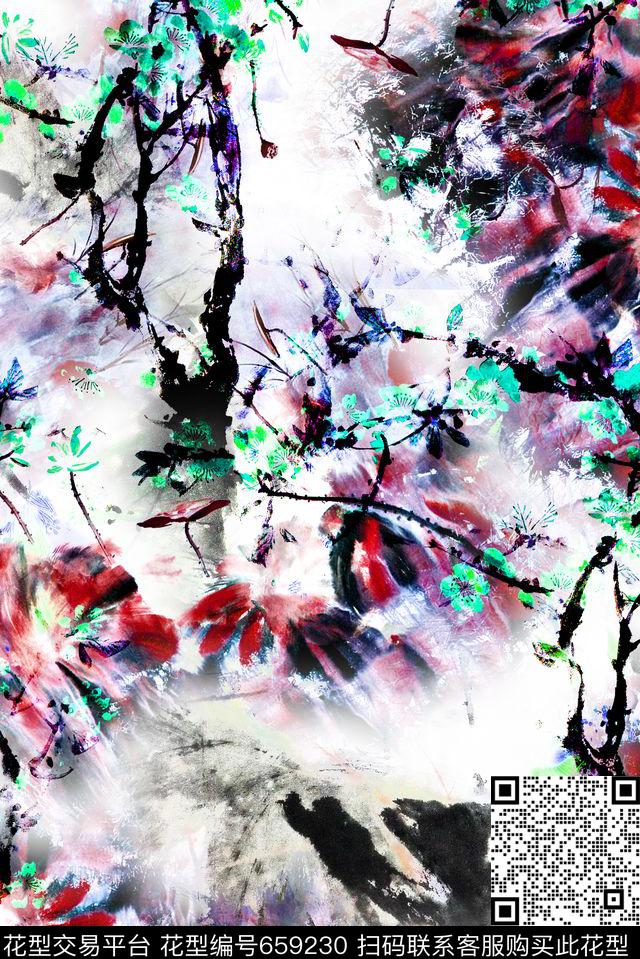 荷花中国风抽象数码印花花型下载（图片编号: 659230） - 瓦栏（Walan）