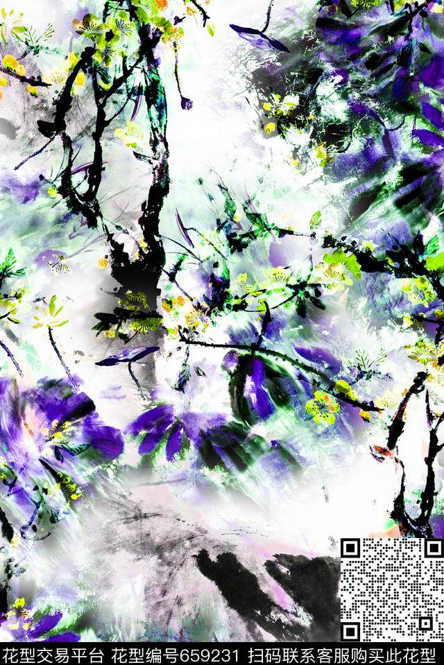 荷花中国风抽象数码印花花型下载（图片编号: 659231） - 瓦栏（Walan）
