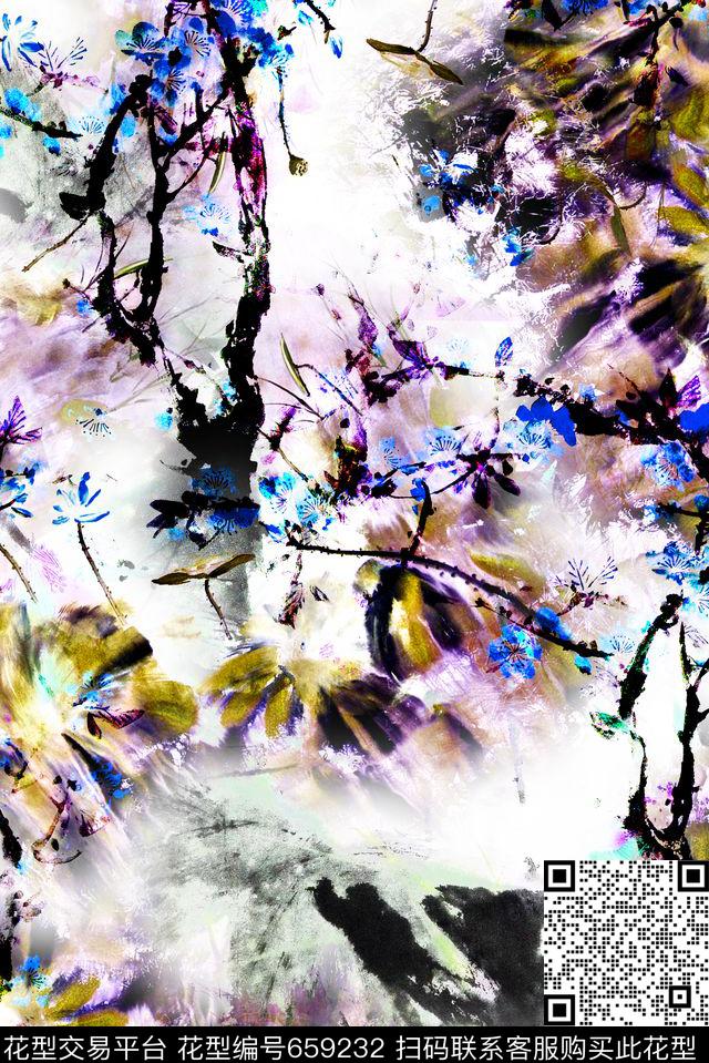 荷花中国风抽象数码印花花型下载（图片编号: 659232） - 瓦栏（Walan）
