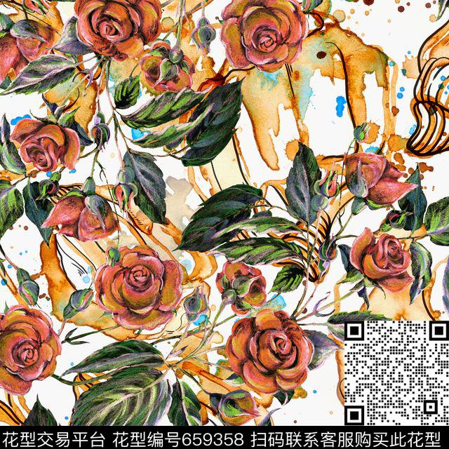 手绘肌理玫瑰数码印花花型下载（图片编号: 659358） - 瓦栏（Walan）