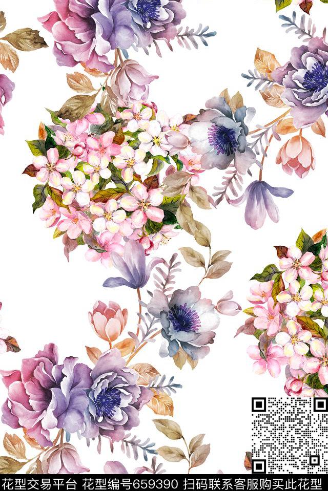 花团薰衣草手绘数码印花花型下载（图片编号: 659390） - 瓦栏（Walan）