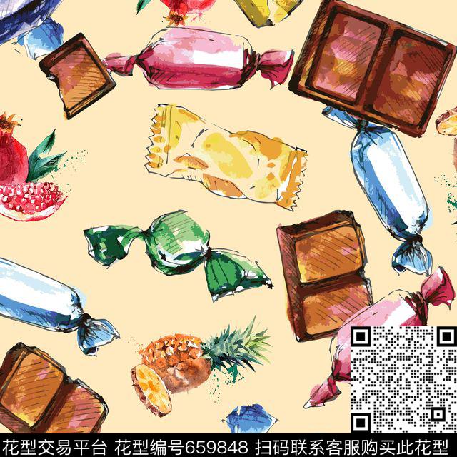 水果糖果杏.jpg - 659848 - 卡通 水果糖果巧克力 - 数码印花花型 － 女装花型设计 － 瓦栏