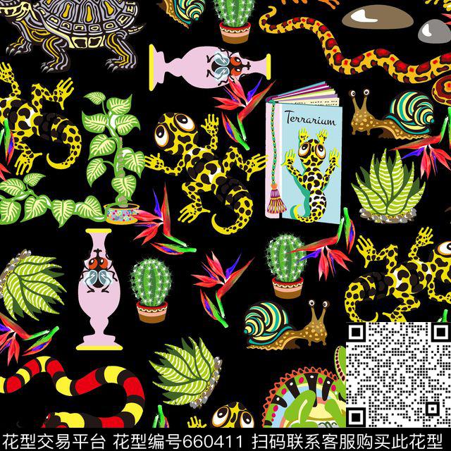 卡通蛇载hei.jpg - 660411 - 动物蛇蜗牛青蛙壁虎花朵 - 数码印花花型 － 女装花型设计 － 瓦栏