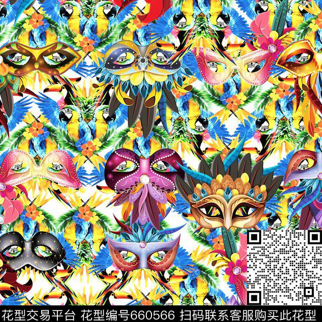 面具鹦鹉.jpg - 660566 - 天堂鸟花 棕榈叶 热带 - 数码印花花型 － 泳装花型设计 － 瓦栏