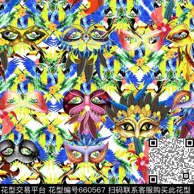 面具鹦鹉黄.jpg - 660567 - 天堂鸟花 棕榈叶 热带 - 数码印花花型 － 泳装花型设计 － 瓦栏