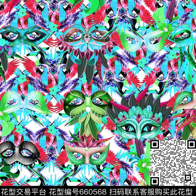 面具鹦鹉蓝.jpg - 660568 - 天堂鸟花 棕榈叶 热带 - 数码印花花型 － 泳装花型设计 － 瓦栏