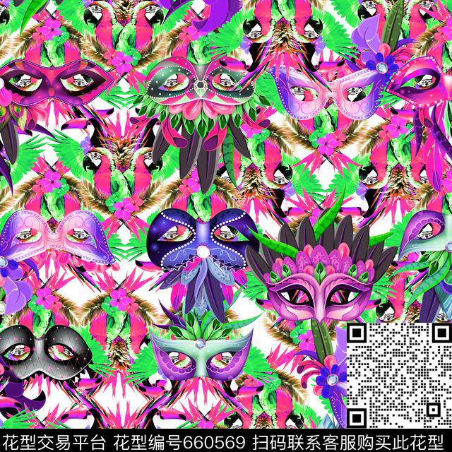 面具鹦鹉紫.jpg - 660569 - 天堂鸟花 棕榈叶 热带 - 数码印花花型 － 泳装花型设计 － 瓦栏